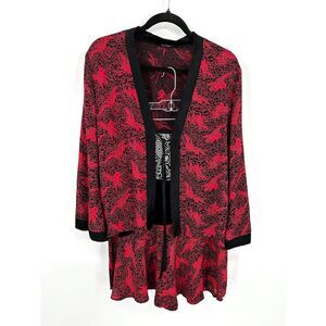 LOCO LINDO Vintage Red Black Bird Print Lightweight Cardigan Skirt Set Small